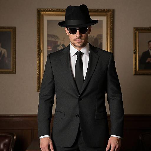 Photograph of a man in a black suit, white shirt, black tie, black fedora, and sunglasses, standing in a dimly lit,