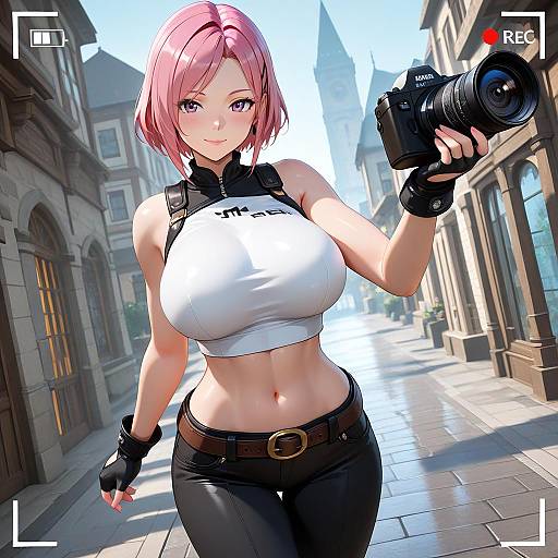 Digital anime-style drawing of a pink-haired, busty woman with large breasts, holding a camera, wearing a white crop top, black pants, and gloves