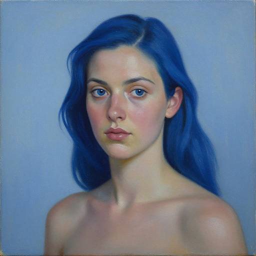 Digital portrait of a fair-skinned woman with long blue hair, blue eyes, and pink-tinted cheeks, against a blue gradient background, depicted