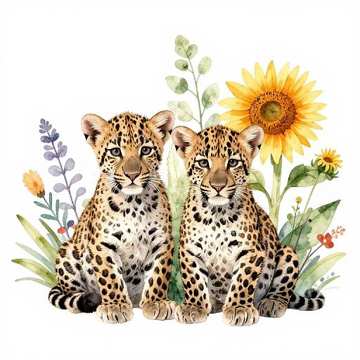 Watercolor Leopard Cubs with Flowers