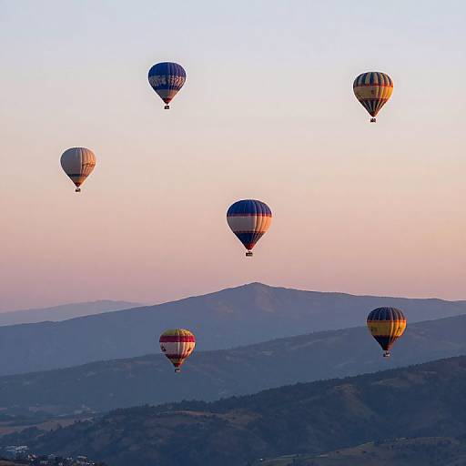 Photograph of six colorful hot air balloons floating above a hilly landscape at sunrise, with a pastel pink and blue sky.