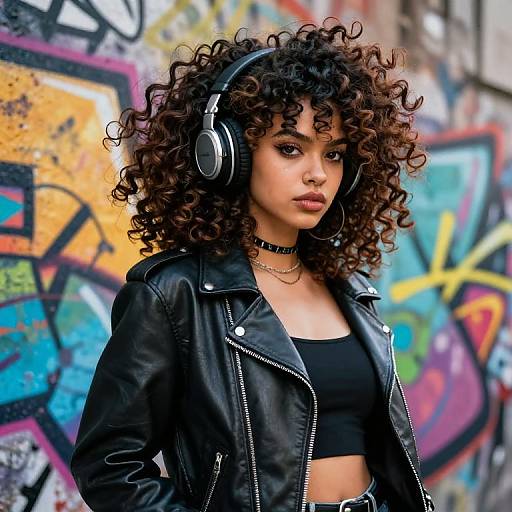 Photograph of a curly-haired, light-skinned woman with headphones, wearing a black leather jacket and crop top, standing in front of colorful graffiti.
