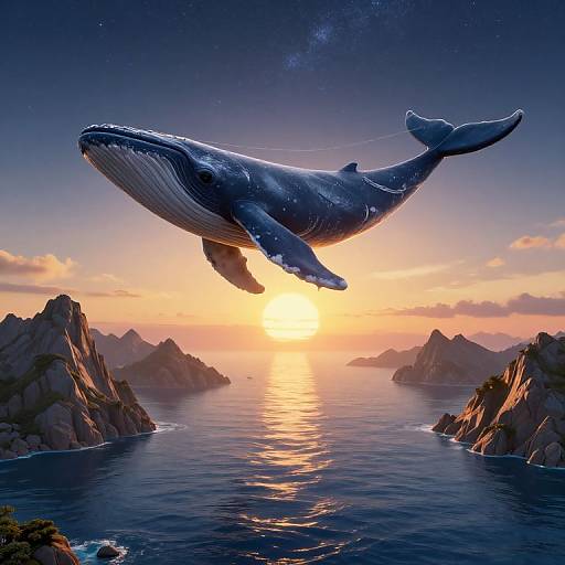 Photorealistic CGI of a massive blue whale soaring above a serene ocean at sunset, with rocky islands and a starry sky.