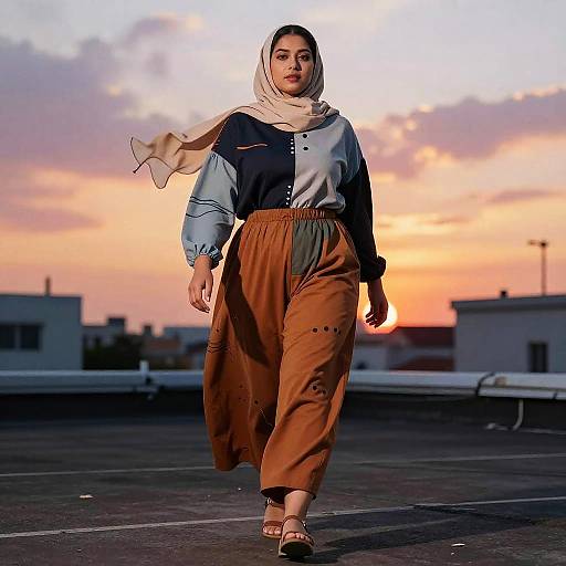 Photograph of a young woman in a hijab, wearing a blue blouse, brown high-waisted pants, and sandals, walking on a rooftop