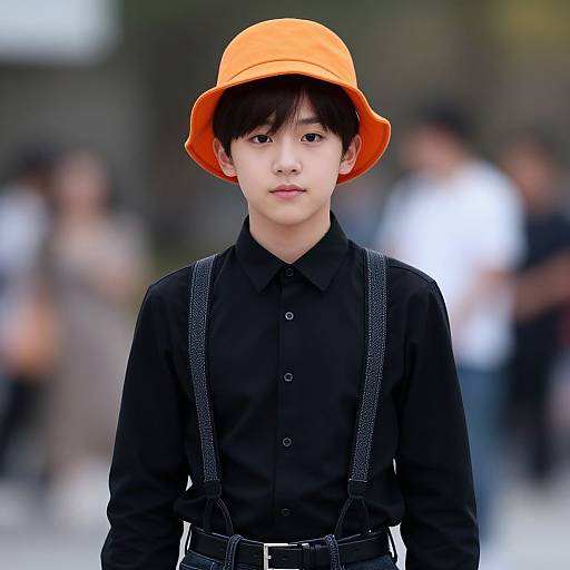Photograph of an androgynous Asian young person with straight black hair, wearing an orange bucket hat, black shirt, suspenders, and black
