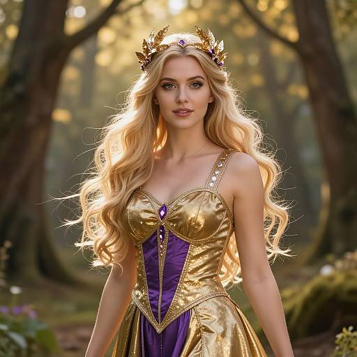 Blonde princess in a golden and purple gown with a jeweled crown, standing in a sunlit forest, her long hair flowing. Photorealistic