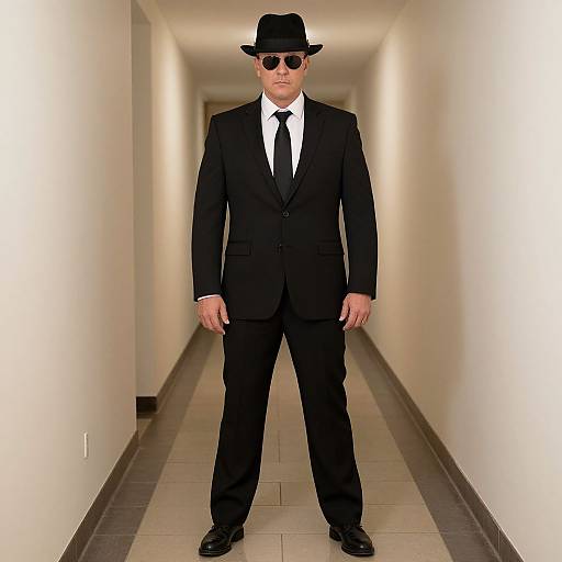 Photograph of a middle-aged man in a black suit, tie, and fedora, wearing sunglasses, standing in a brightly lit, narrow white hallway