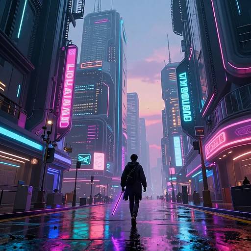Cyberpunk cityscape: Neon-lit skyscrapers, rainy street, lone figure with neon baton, vivid pink, blue, purple lights