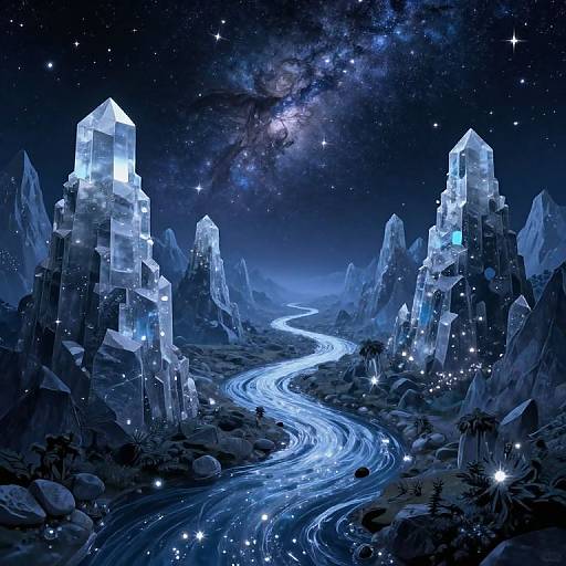 Digital artwork of a glowing, crystalline mountain range under a starry night sky, with a luminous, winding river flowing through the rocky landscape.