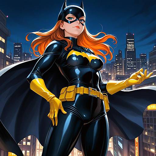 Digital artwork of a confident, red-haired female Batman in a black latex suit with yellow gloves and cape, standing in a glowing, nighttime cityscape.