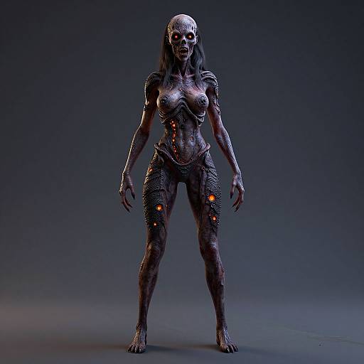 CGI image of a dark, muscular, zombie-like female creature with glowing orange eyes, exposed breasts, and decayed skin, standing against a gradient