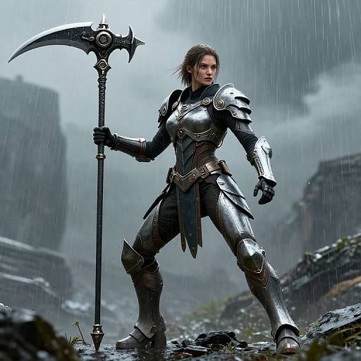 Digital artwork of a fierce female warrior in silver armor, holding a large scythe, standing in a rainy, rocky, foggy landscape.