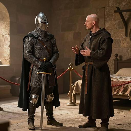 Medieval Knight and Monk in Stone Chamber