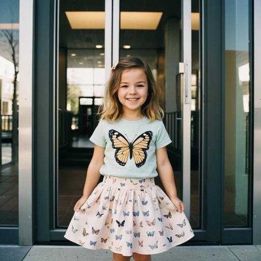 Smiling Girl in Butterfly Outfit by Modern Building