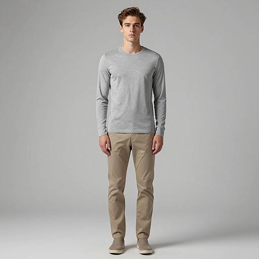 Young Man in Casual Grey Long-Sleeve Shirt and Beige Pants