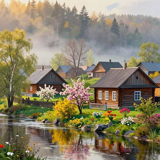 Vibrant Springtime Petrikov Village Scene