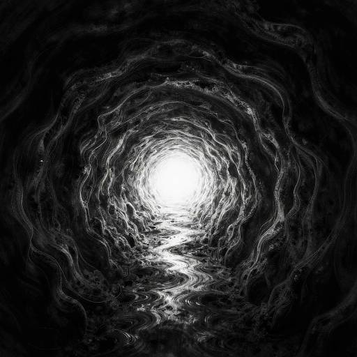 Digital artwork of a bright white light at the center, surrounded by swirling, abstract black and white patterns, creating a tunnel effect.