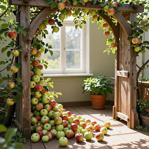 Photograph of a wooden apple archway adorned with red and green apples, sunlight streaming through a window, with potted plants in the background.