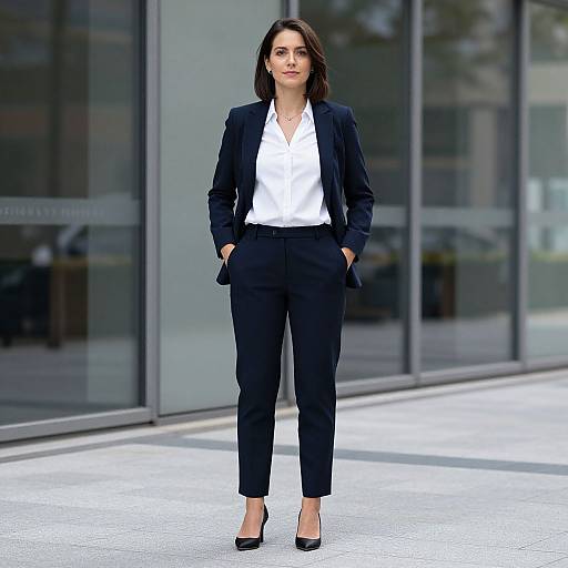 Photograph of a confident woman with medium skin tone and dark hair, wearing a black blazer, white shirt, black pants, and black heels,