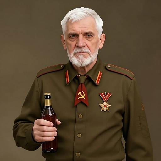 Photograph of an elderly white man with white hair and beard, wearing a brown military uniform with red and gold insignia, holding a dark bottle,