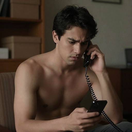 Intense Man with Phones in Dim Light