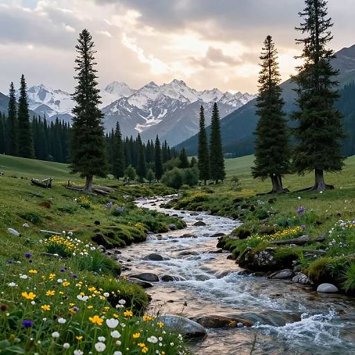 Photograph of a serene mountain meadow with a flowing stream, surrounded by colorful wildflowers, tall pine trees, and snow-capped peaks under a