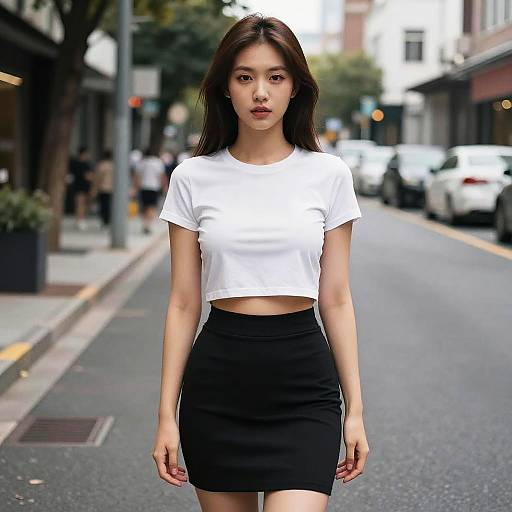 Photograph of an Asian woman with long black hair, wearing a white crop top and black mini-skirt, standing on an urban street. Blurred