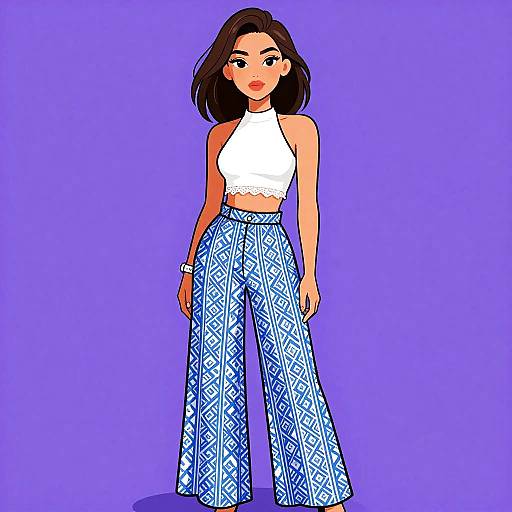 Stylish woman in summer crop top and patterned trousers