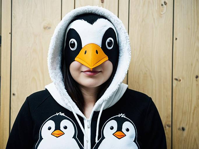 Photograph of a person wearing a black hoodie with white penguin hood and front graphic, orange beak, against a wooden background.