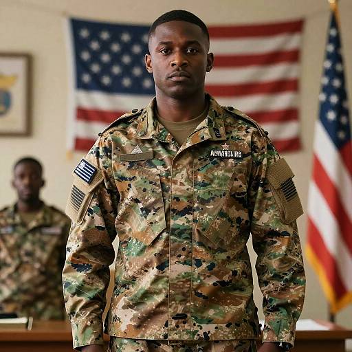 African American Soldier in Military Uniform with American Flags