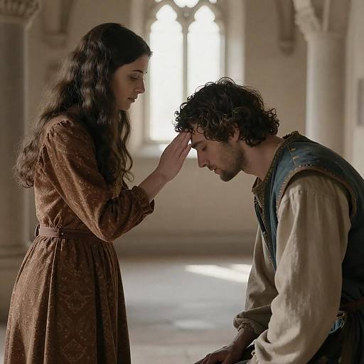 Medieval Woman Blessing Man Indoors