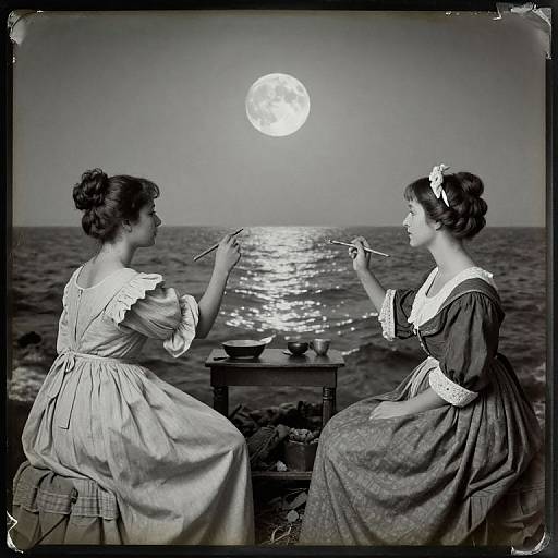 Artists Painting Surreal Moonlit Ocean