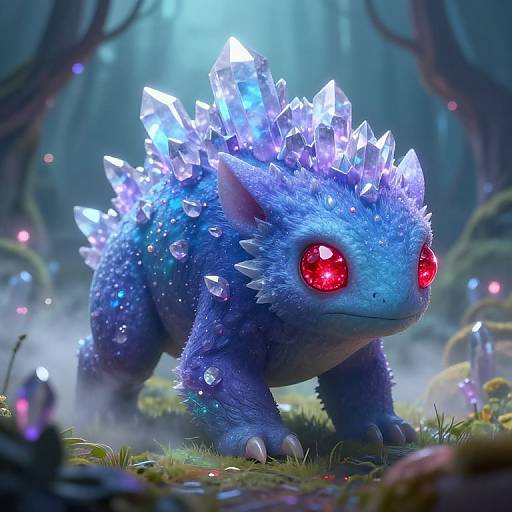 Digital artwork of a blue, crystal-covered, furry creature with glowing red eyes, standing in a mystical forest with ethereal light and sparkling crystals.