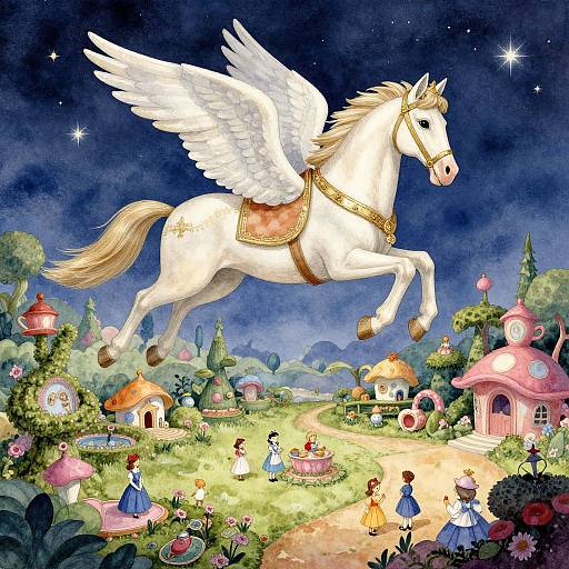 Whimsical watercolor painting of a white winged horse with golden bridle, flying over a fairy-tale village with colorful houses, flowers,