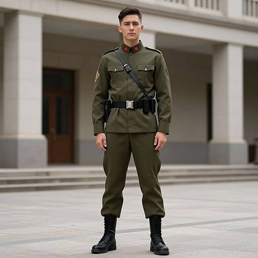 Photograph of a young Asian man in a green military uniform with black belt, red collar, and black boots, standing in front of a government building