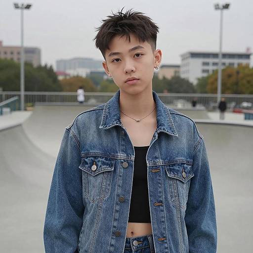 Photograph of an androgynous Asian teenager with short, spiky black hair, wearing a denim jacket over a black crop top, standing in