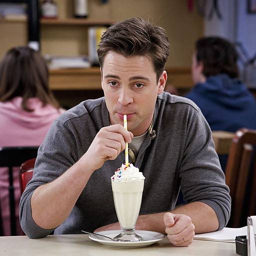 Photograph of a white man with short brown hair, wearing a gray shirt, sipping a milkshake with a straw at a cafe. Blurred