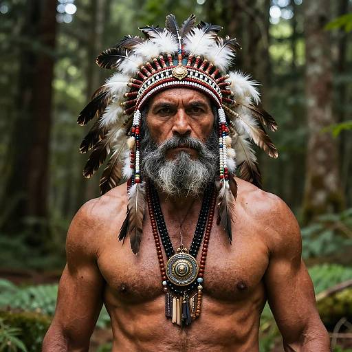 Photograph of a muscular, shirtless Native American elder with a gray beard and headdress, wearing beaded necklaces, standing in a forest.