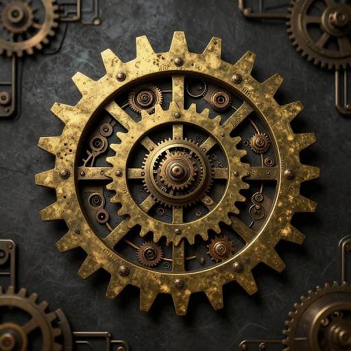 Photograph of intricately detailed, large golden gear with smaller gears inside, set against a dark, textured background with additional gears.