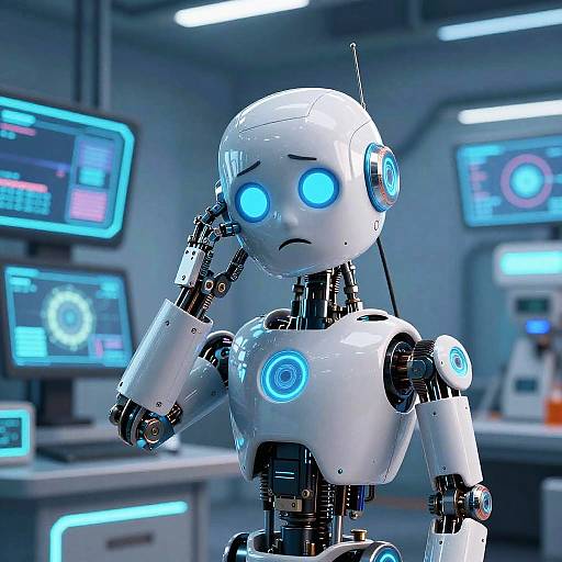 Digital CGI of a white, glowing blue-eyed robot with a worried expression in a high-tech lab with multiple screens.