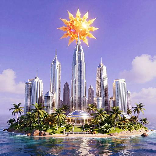 Futuristic Neon City with Tropical Island