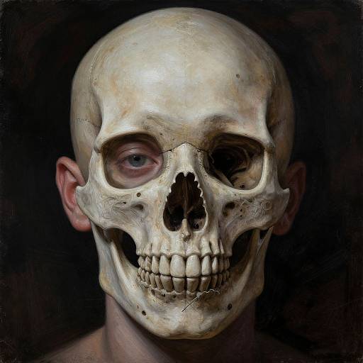 Photorealistic digital painting of a human skull with pale, weathered bones, black empty eye sockets, and a sinister grin against a dark background.