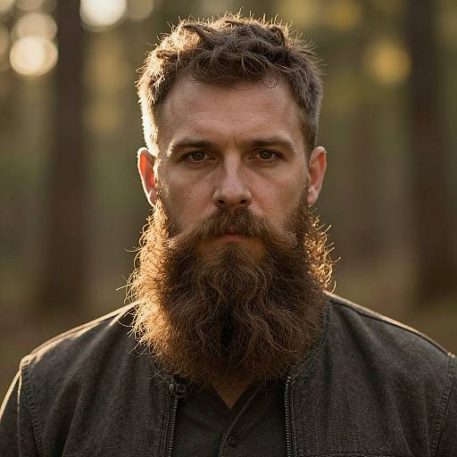 Photograph of a serious, bearded man with dark hair, wearing a black jacket, set against a blurred forest background with sunlight filtering through trees.