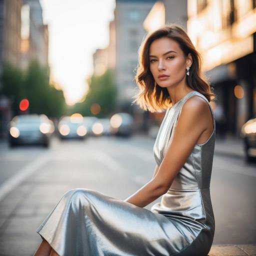 Stylish Woman in Silver Dress Sitting on City Street