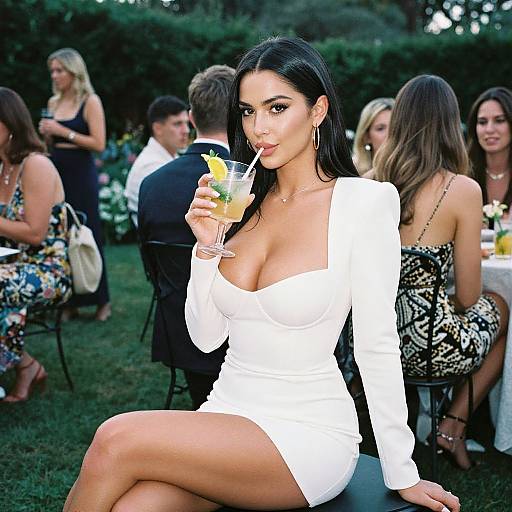 Photograph of a curvy woman with long black hair, wearing a tight white dress, holding a cocktail with a lemon slice, sitting outdoors at a