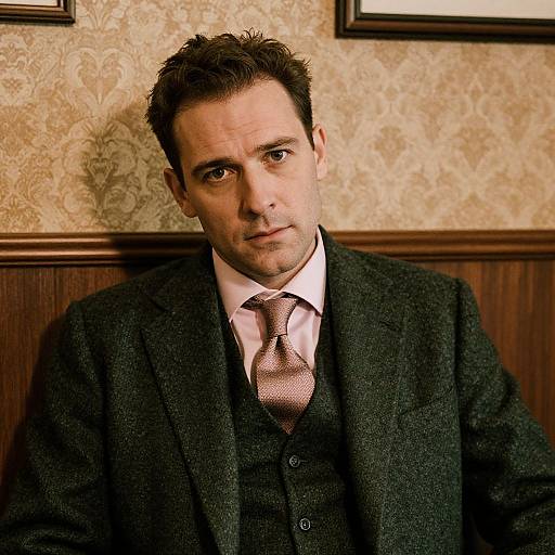 Photograph of a serious-looking man with short brown hair, wearing a dark suit, pink tie, and white shirt, against a patterned wallpaper background