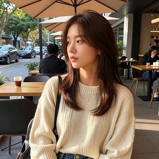Photograph of an Asian woman with long dark hair, wearing a white knit sweater, sitting outside a café with sunlight filtering through. Background includes tables,