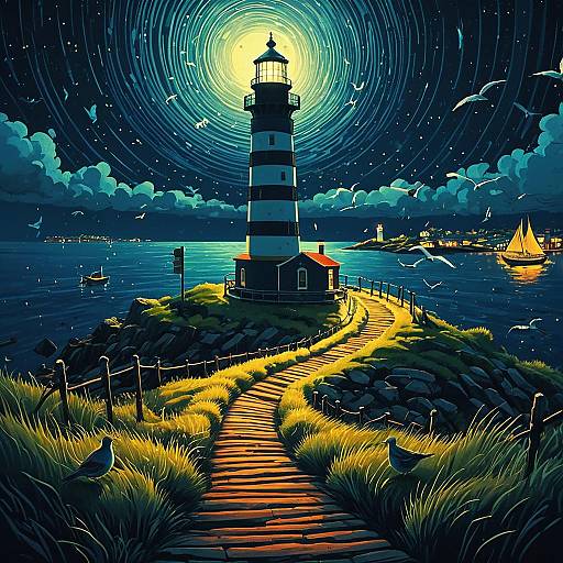 Lighthouse Path at Night with Spiral Moon