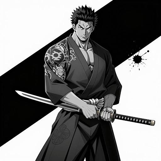 Muscular Samurai with Katana in Monochrome