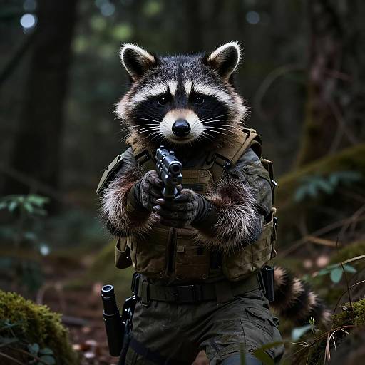 Photograph of an anthropomorphic raccoon in tactical gear, aiming a handgun in a dark, dense forest with moss-covered ground.
